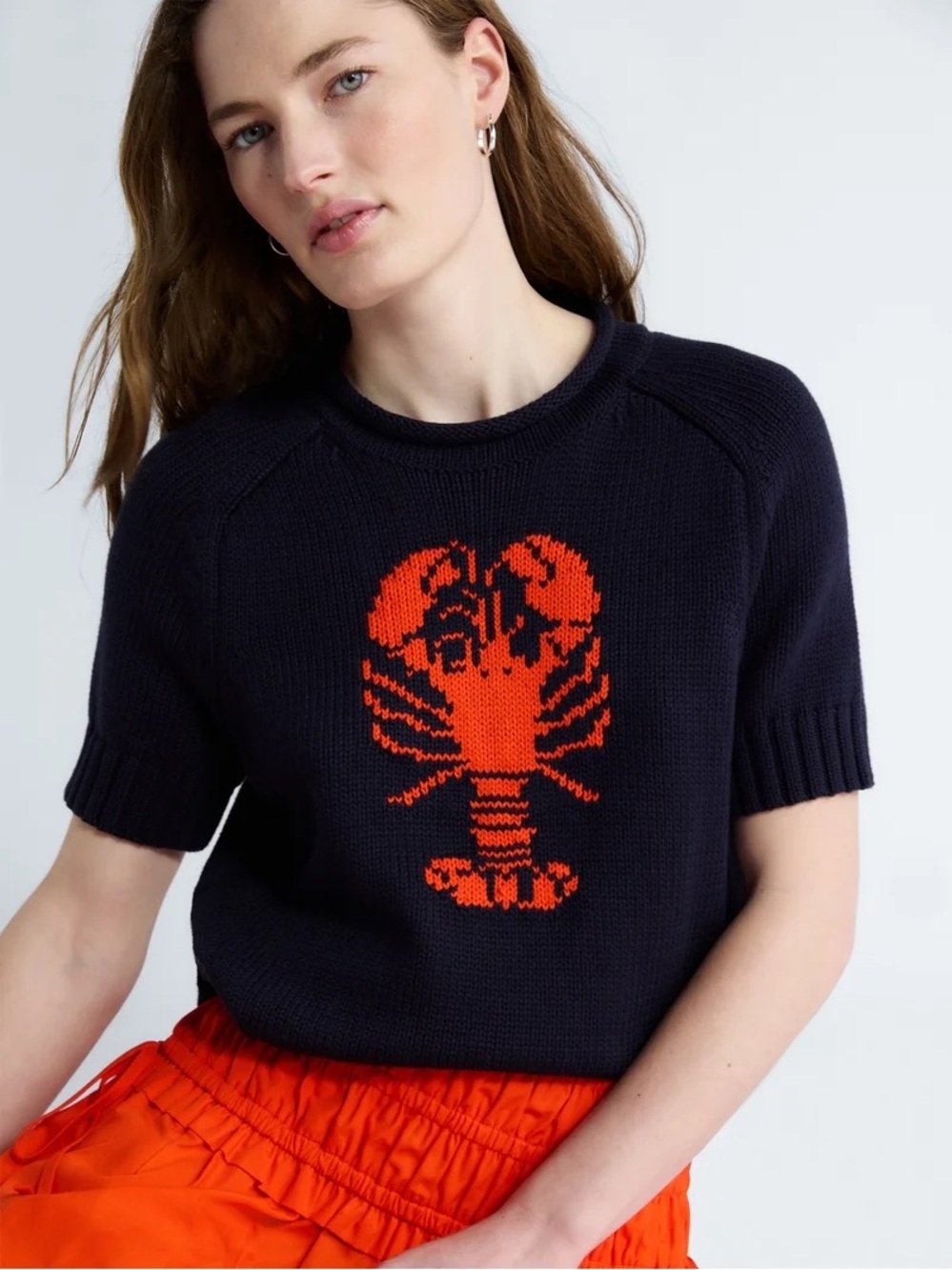 Navy Short-Sleeve Sweater with Orange Lobster Motif